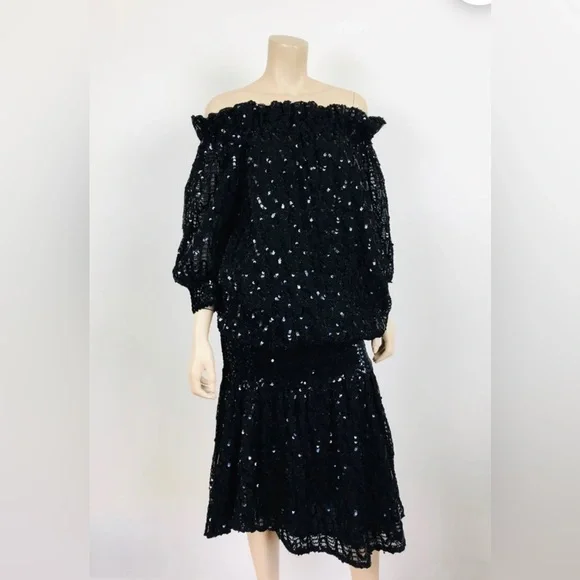 Vintage 1980s SEQUIN Slouchy Fit SEQUIN Drop Waist On/Off Shoulder Party… - Picture 2 of 9
